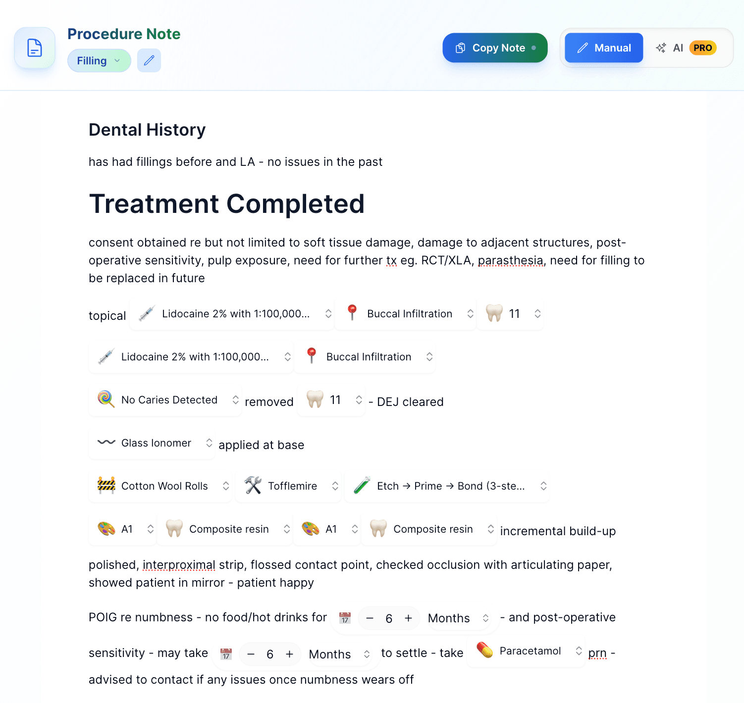 ToothNotes app screenshot showing AI transcription